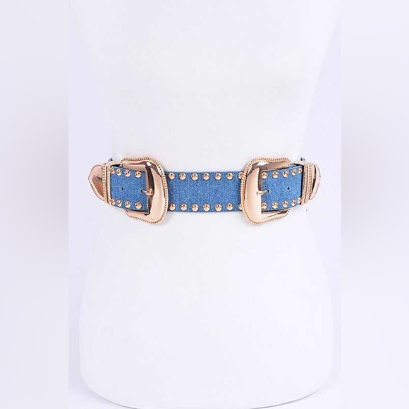 Gold & Blue Denim Jean Waist Statement Belt - Picture 1 of 4